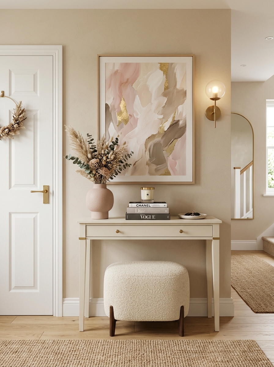 Feminine Entryway Console Table with Soft Pink Artwork