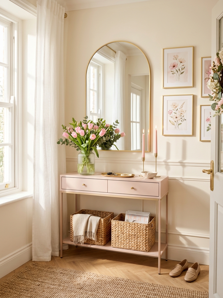 Soft Pink Entryway Console with Fresh Spring Styling