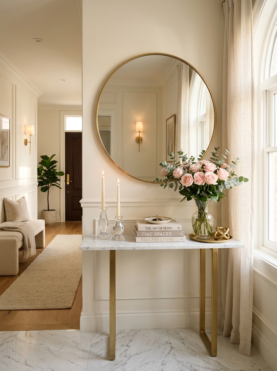 Feminine Marble Console Table with Gold Accents