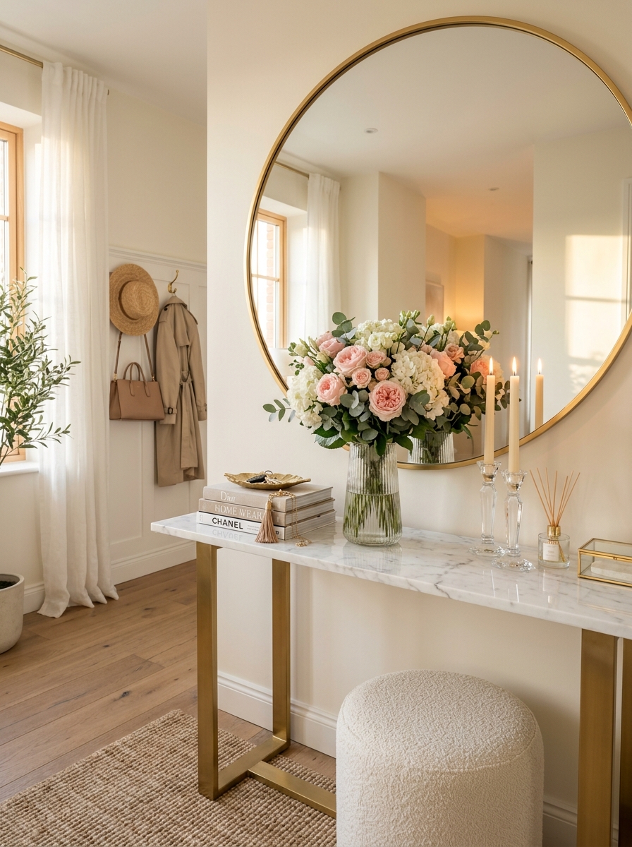 Feminine Marble Console Table with Gold Accents