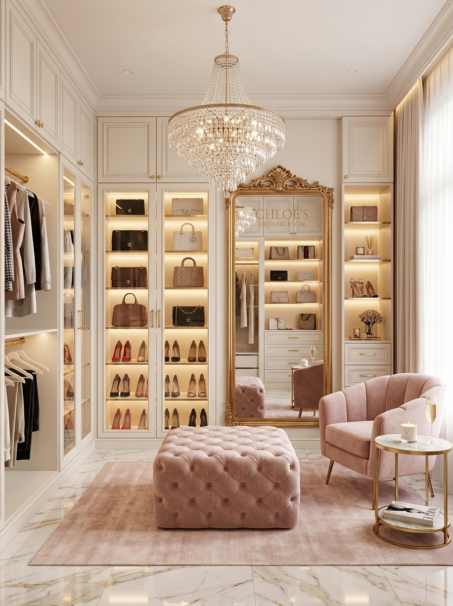 Feminine Glam Walk-In Closet with Blush and Gold Accents