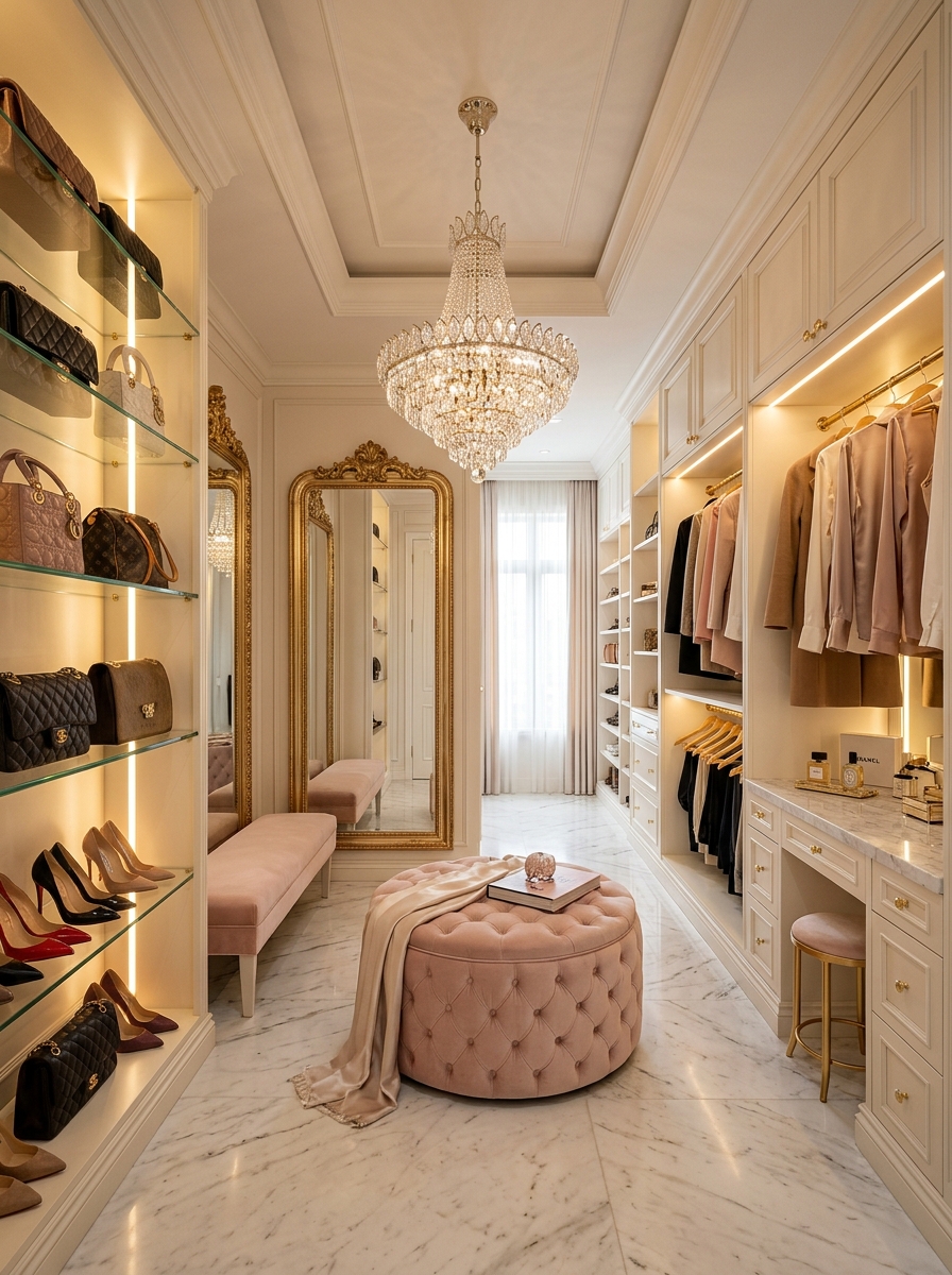 Feminine Glam Walk-In Closet with Blush and Gold Accents