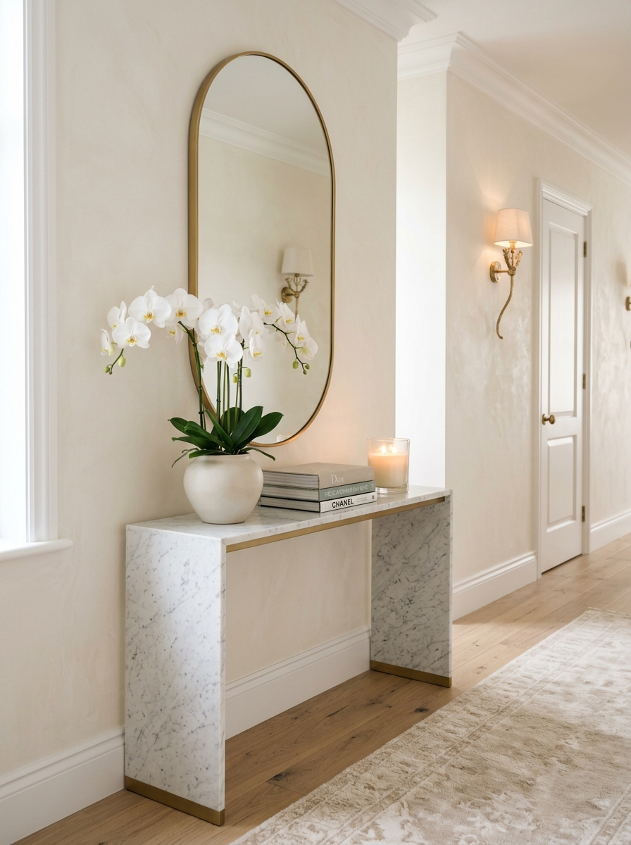 Luxe Minimalist Console Table with Marble and Soft Gold Details