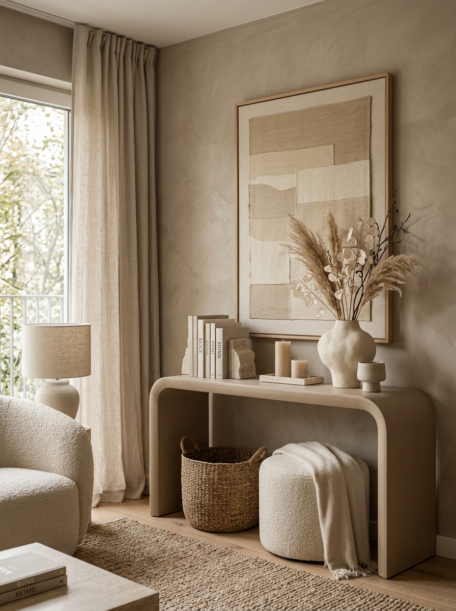 Monochromatic Beige Console Table for a Calm Luxury Feel