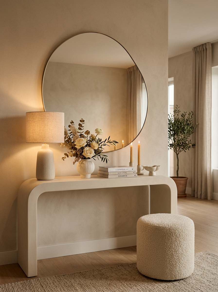 Curved Cream Console Table with Soft Ambient Lighting