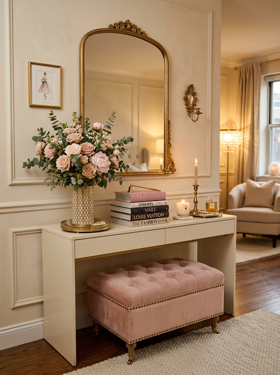 Glam Feminine Console Table with Soft Velvet and Warm Lighting