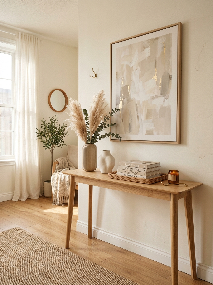Neutral Scandinavian Console Styling with Natural Wood Accents