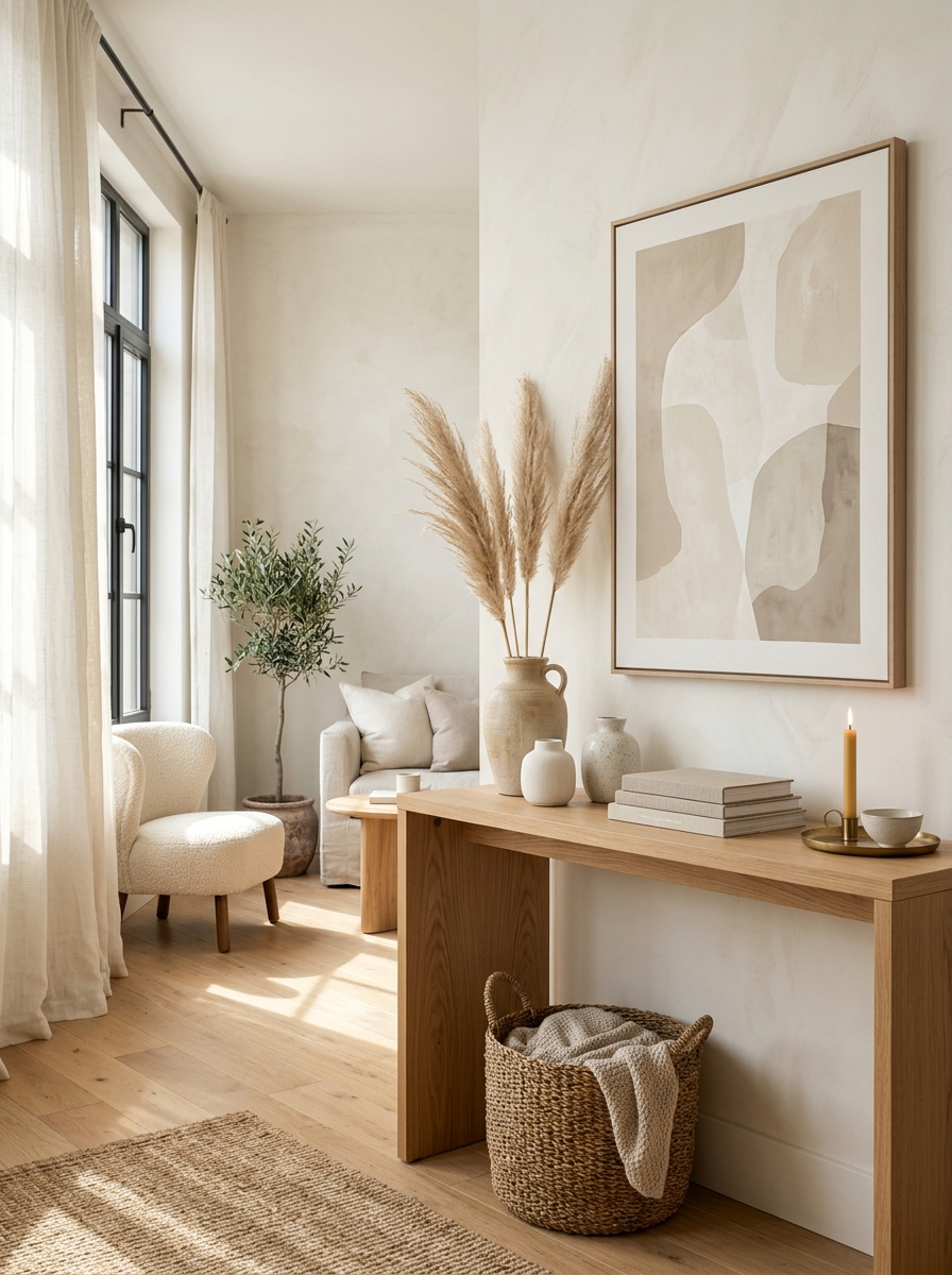 Neutral Scandinavian Console Styling with Natural Wood Accents