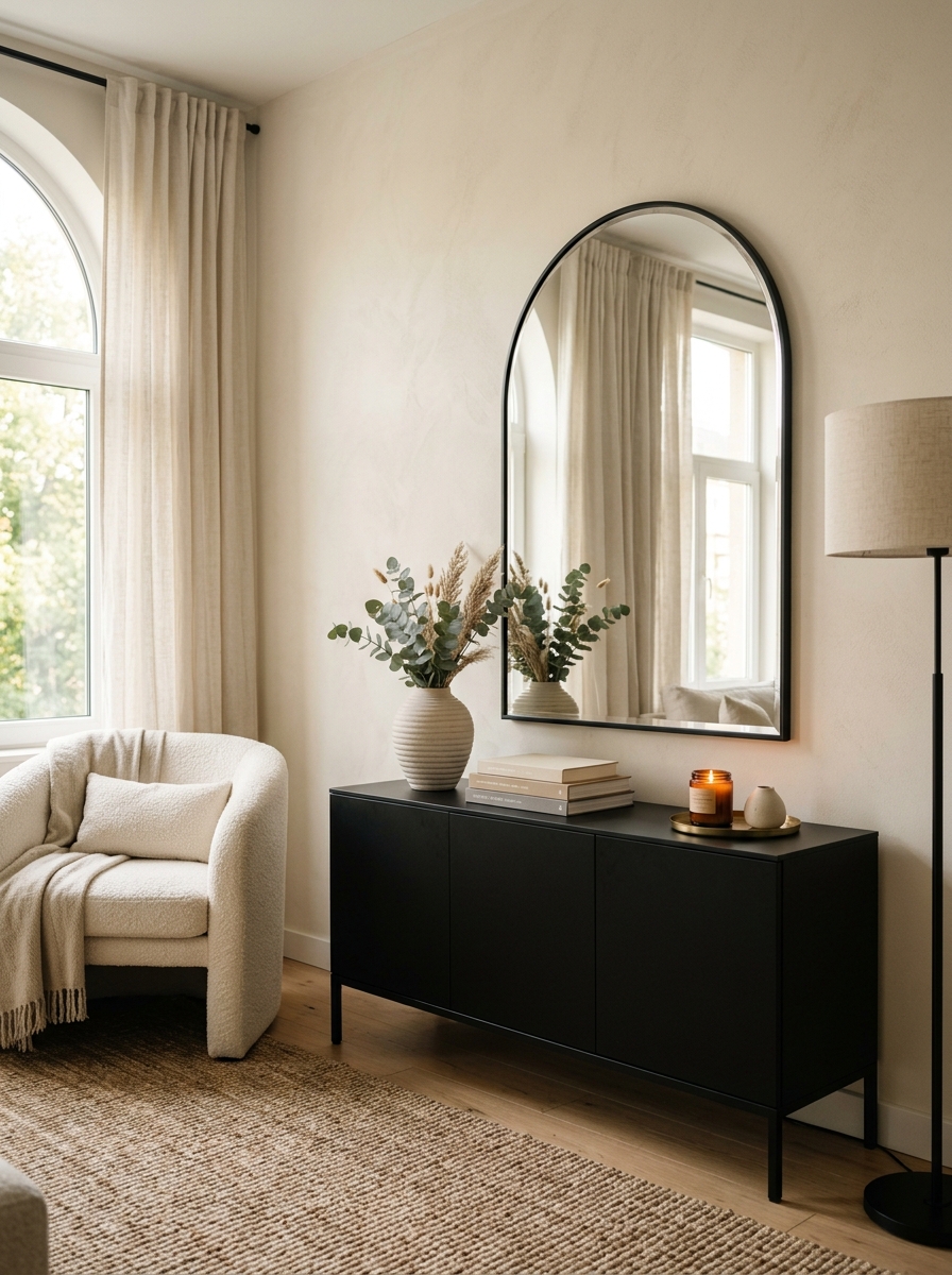 Minimalist Black and Beige Console Table for a Soft Modern Feminine Look