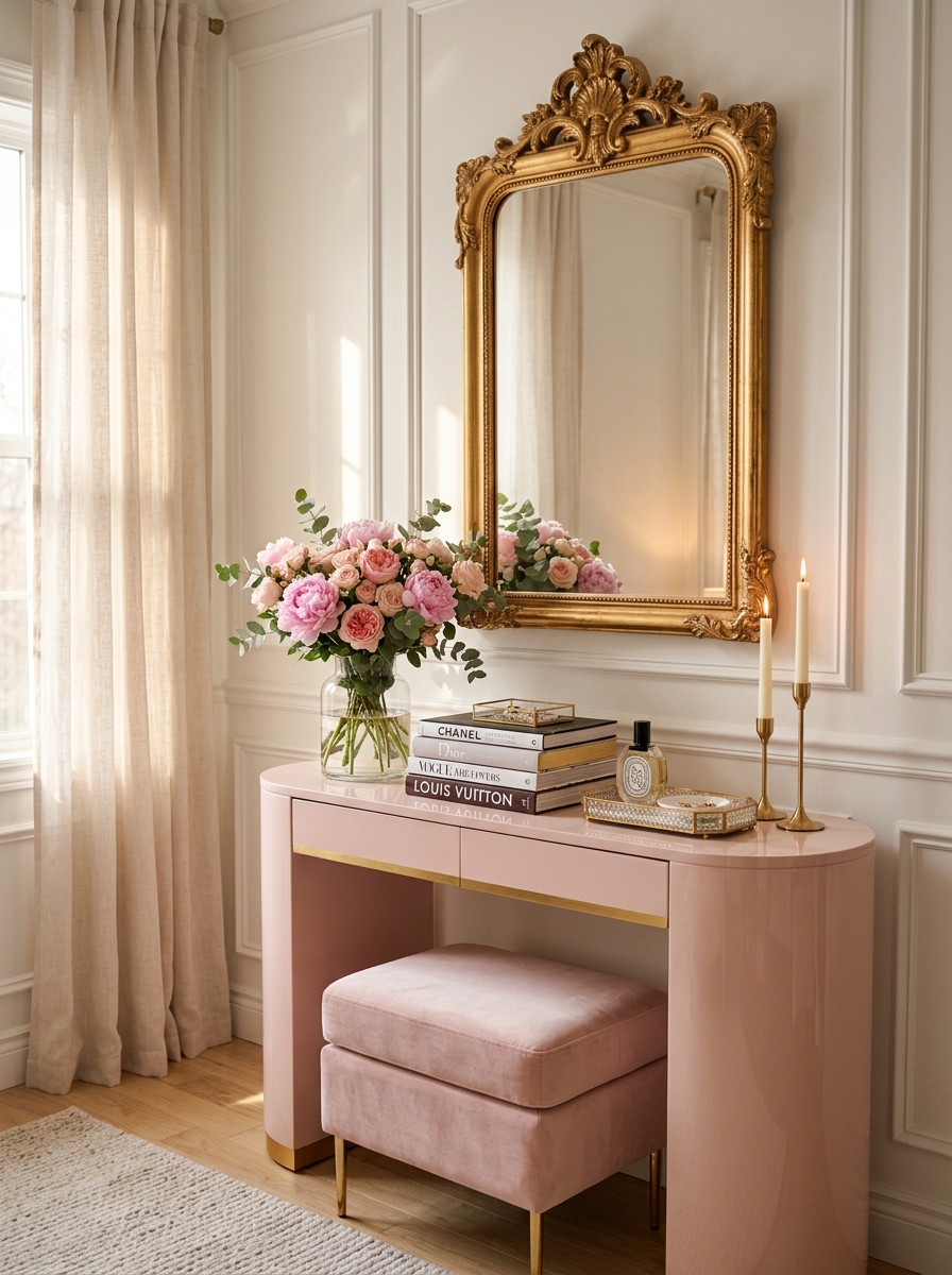 Blush Pink Console Table with Gold Mirror Glam