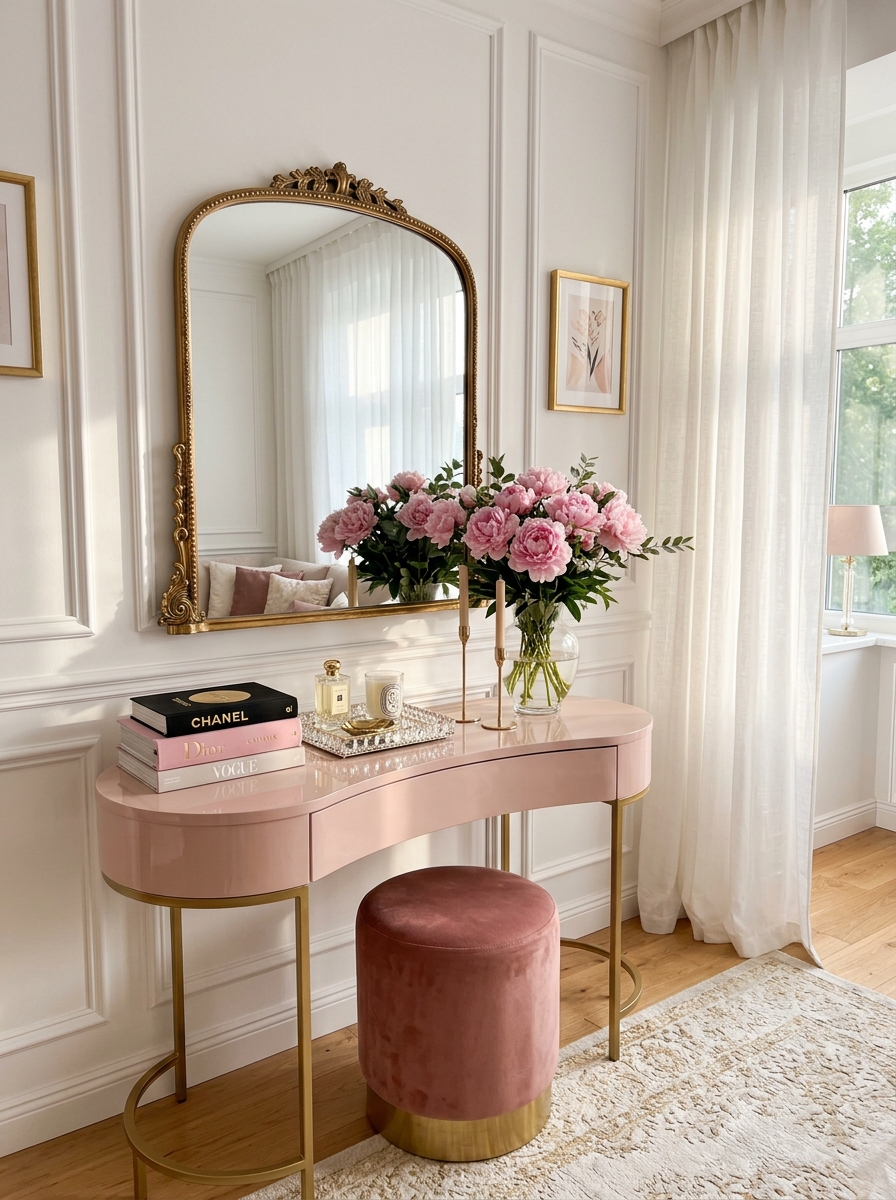 Blush Pink Console Table with Gold Mirror Glam