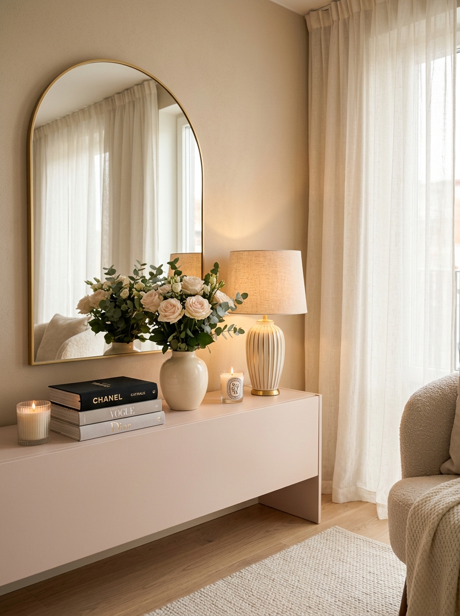 Soft Blush Console Table with Gold-Framed Mirror