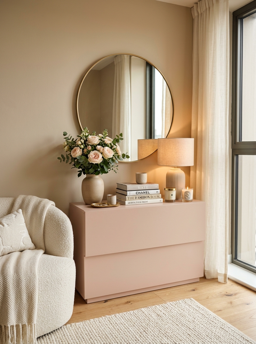 Soft Blush Console Table with Gold-Framed Mirror