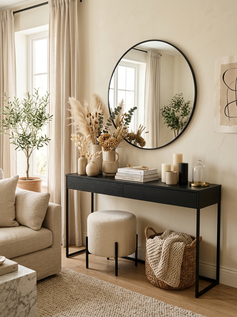 Chic Black and Neutral Console Table for a Sophisticated Feminine Look
