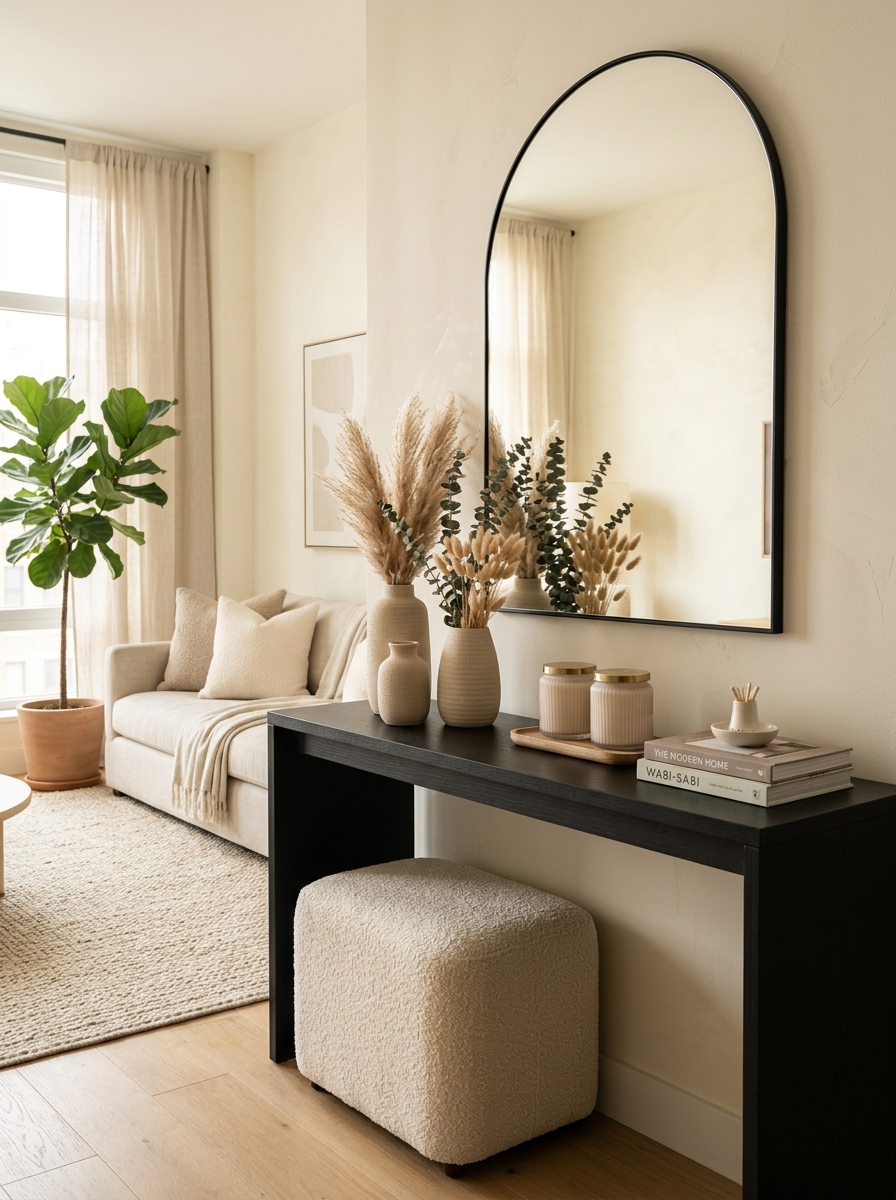 Chic Black and Neutral Console Table for a Sophisticated Feminine Look