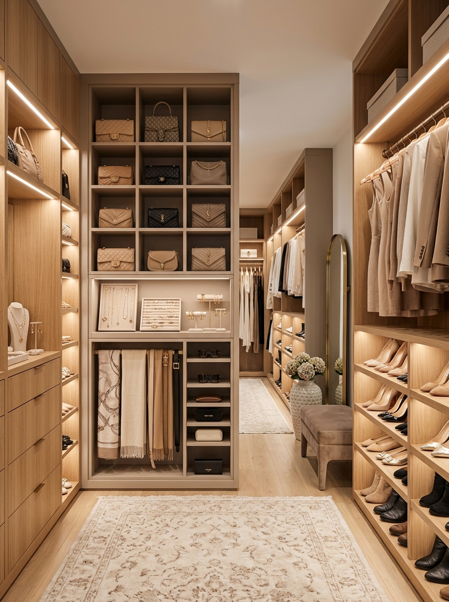 Soft Feminine Closet with Curated Accessory Wall