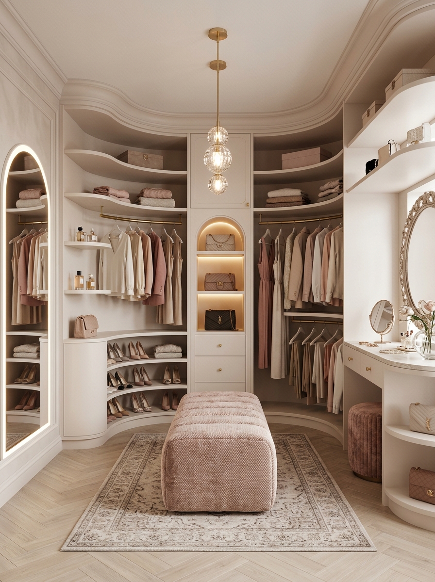 Boutique-Style Feminine Closet with Soft Curves & Neutral Elegance