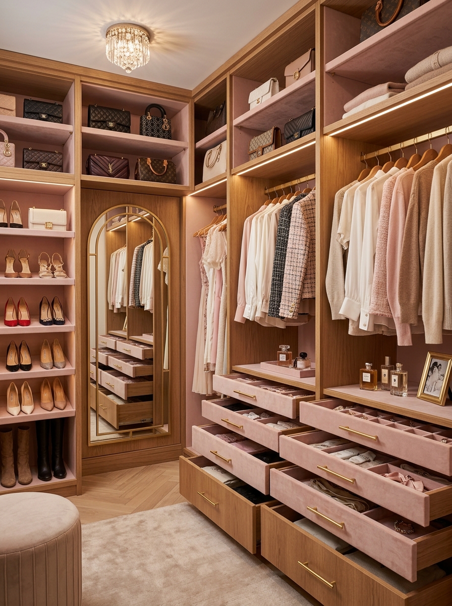 Blush Accented Warm Wood Closet with Gold Hardware