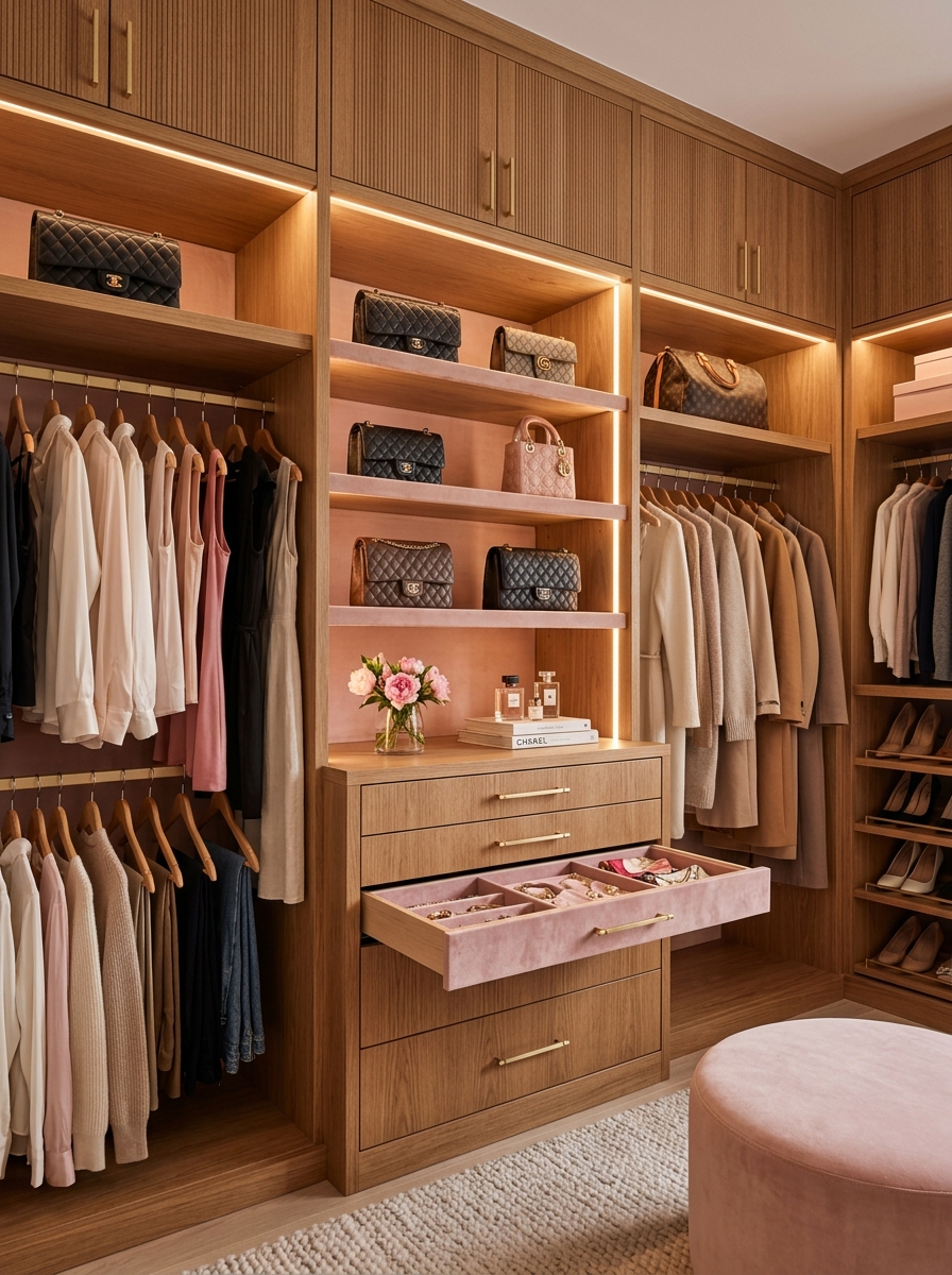 Blush Accented Warm Wood Closet with Gold Hardware