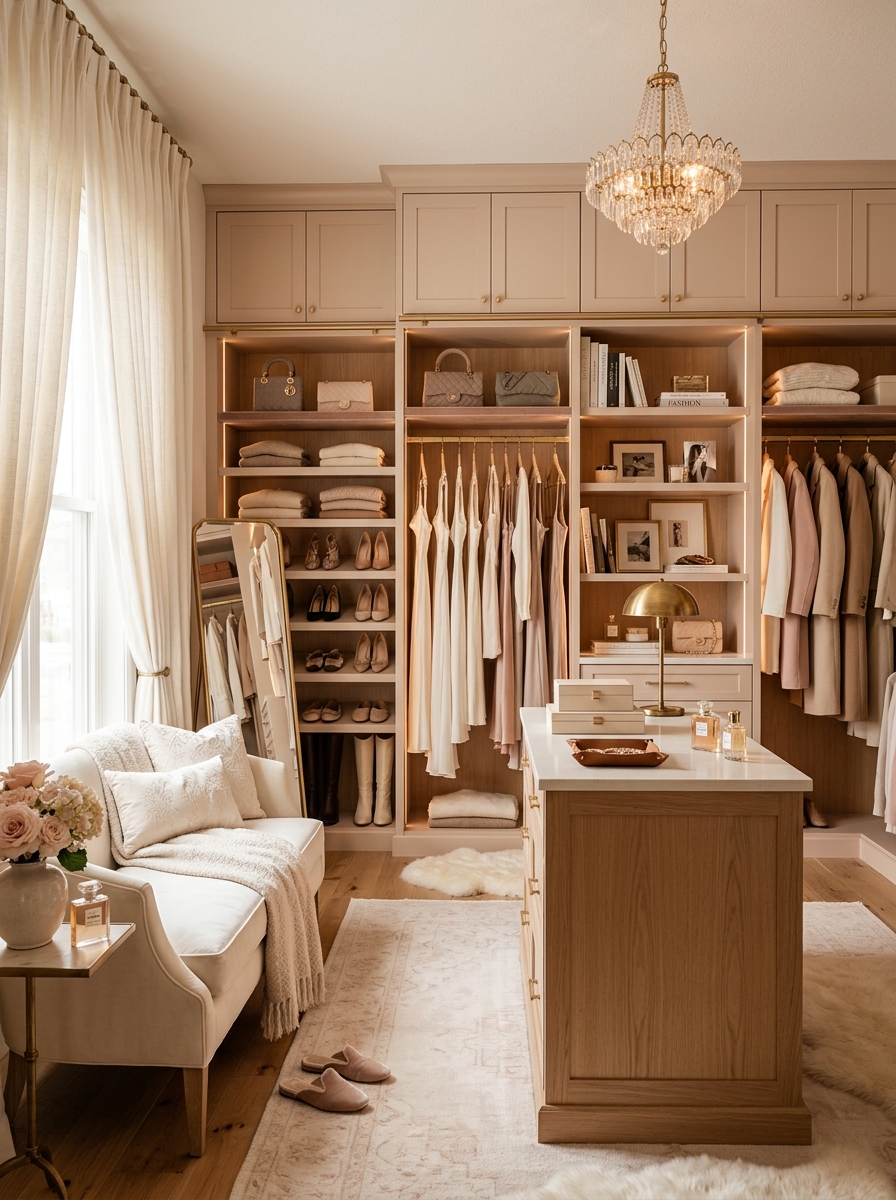 Feminine Luxury Closet with Soft Draped Fabric Details
