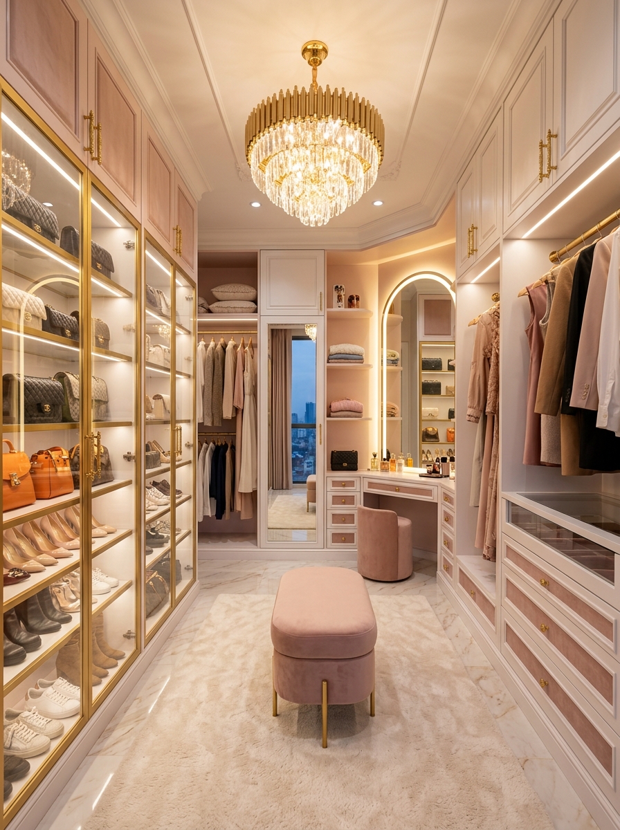 Feminine Glam Closet with Gold Accents