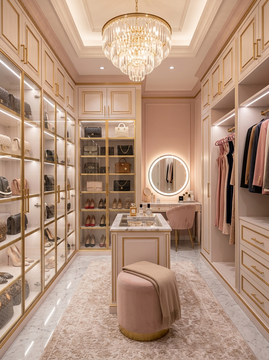 Feminine Glam Closet with Gold Accents