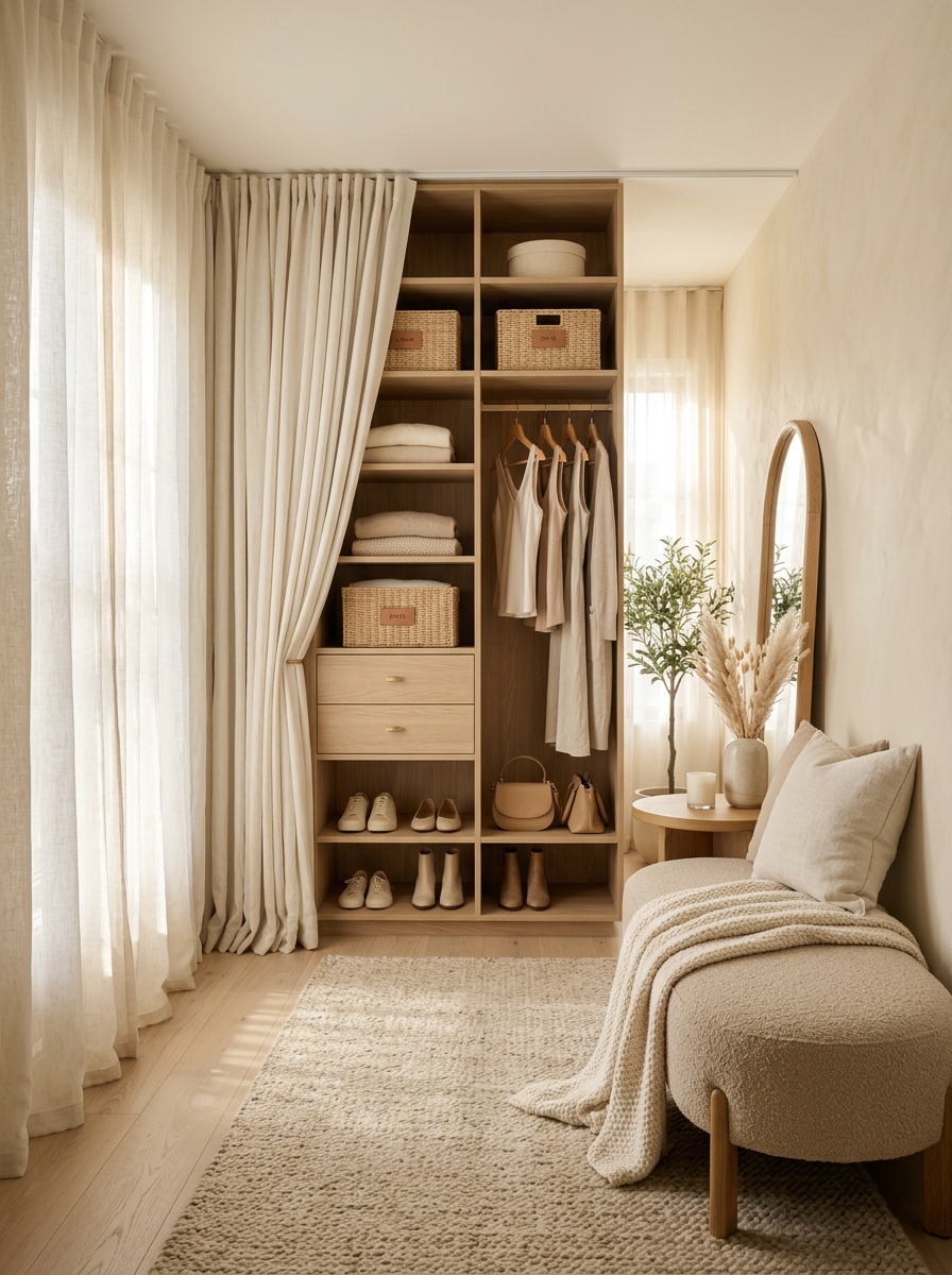 Elegant Neutral Closet with Floor-to-Ceiling Curtains