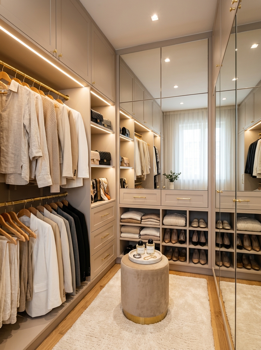 Small Feminine Closet with Mirrored Walls