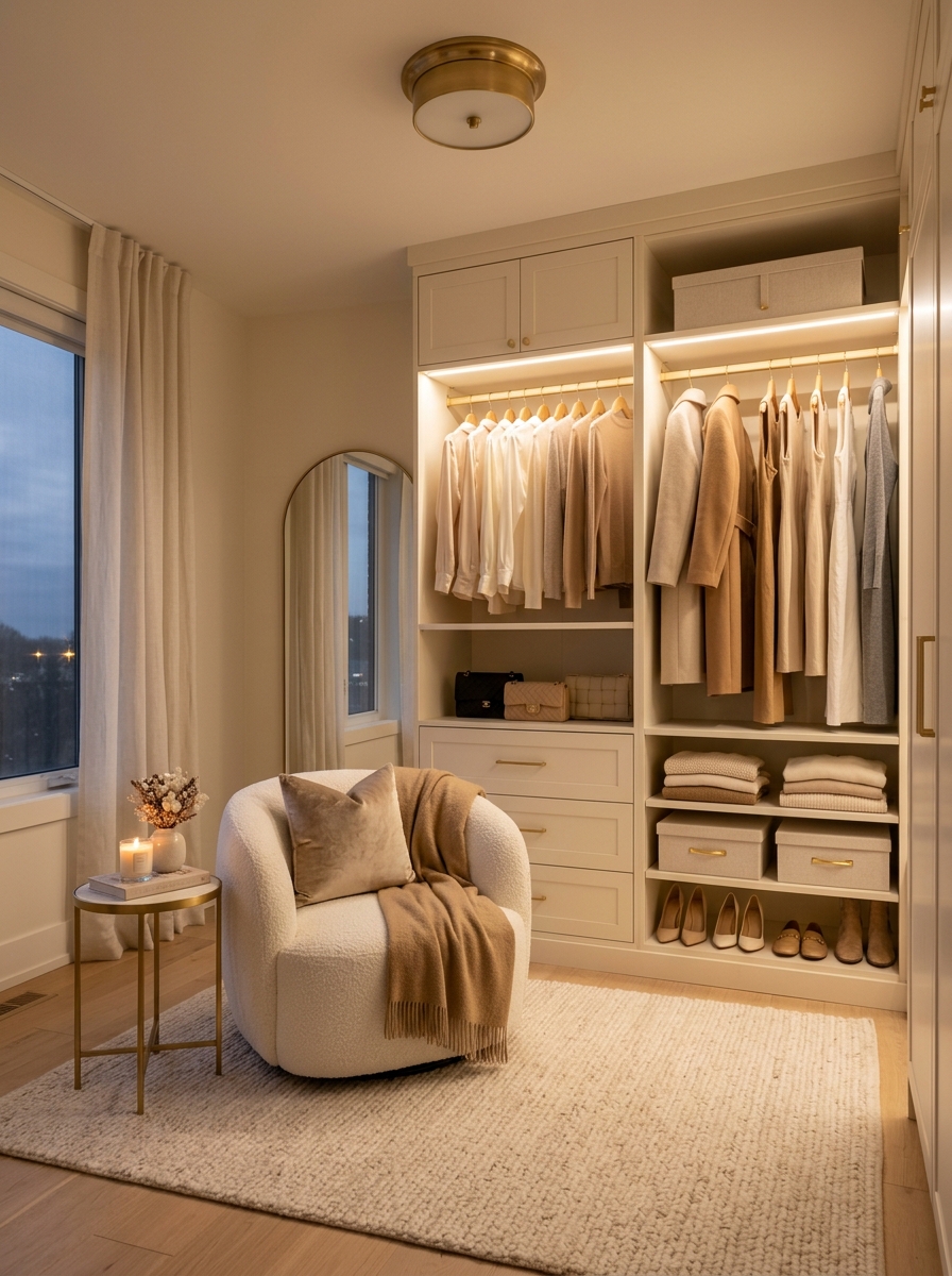 Cozy Feminine Closet with Soft Ambient Lighting