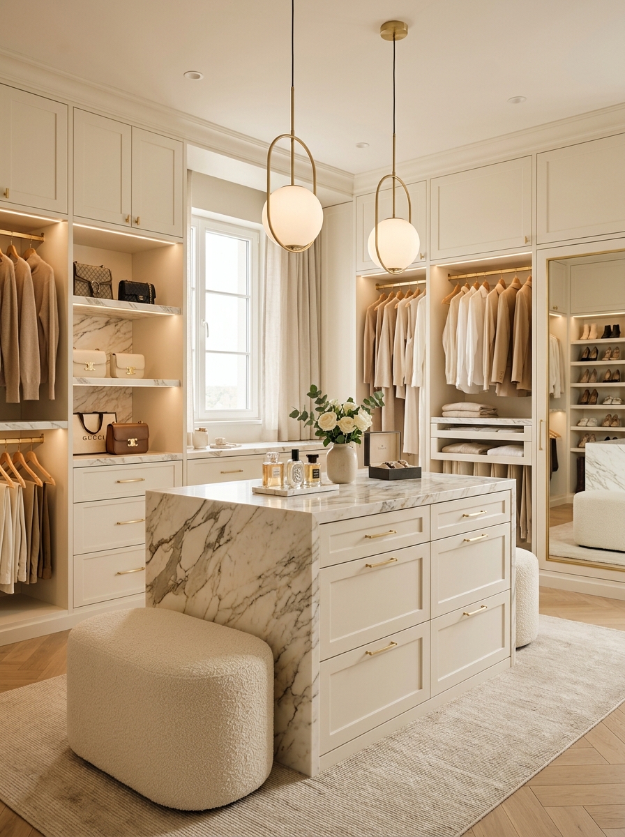 Luxury Minimalist Closet with Marble Details