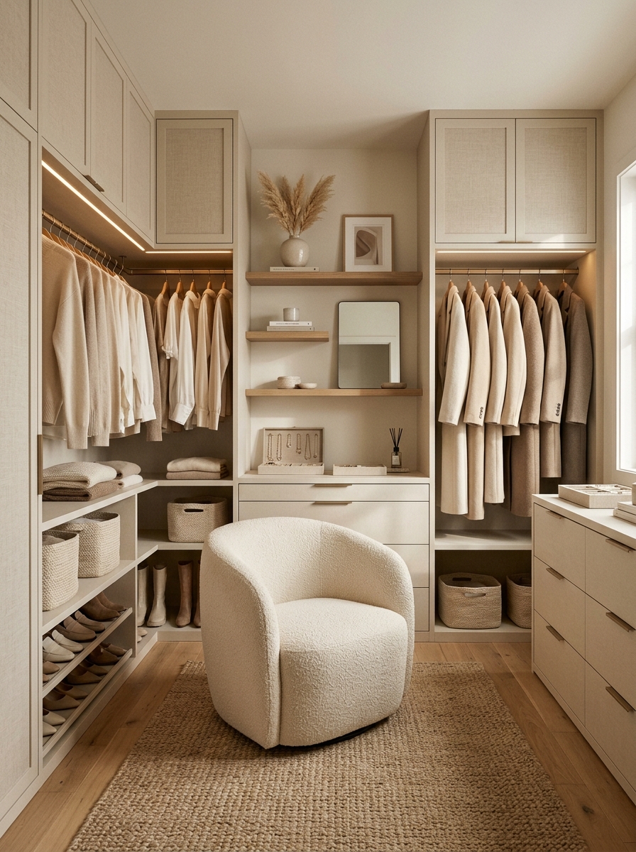 Calm Monochromatic Closet with Layered Neutrals