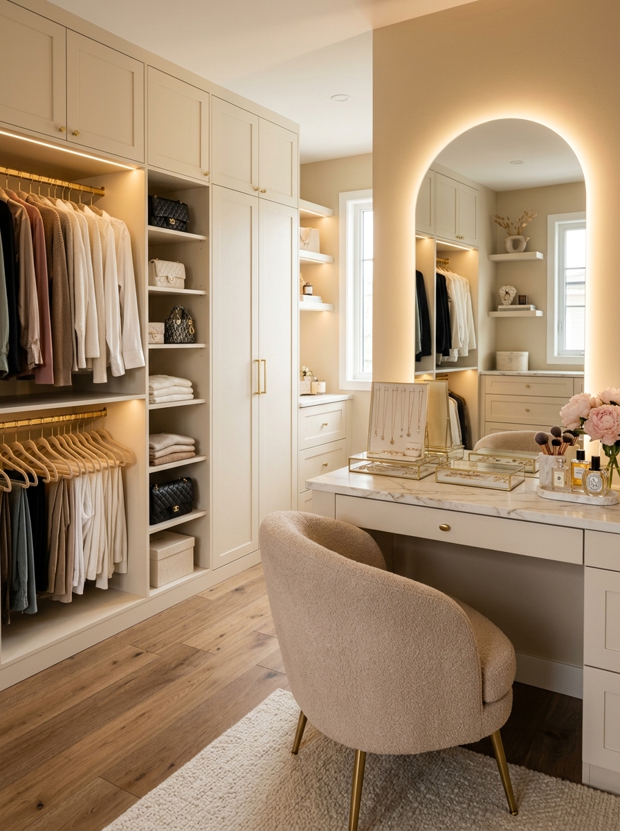 Feminine Neutral Closet with Vanity Corner
