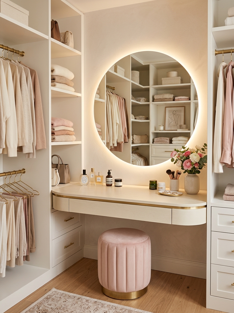 Minimalist Closet with a Feminine Vanity Corner
