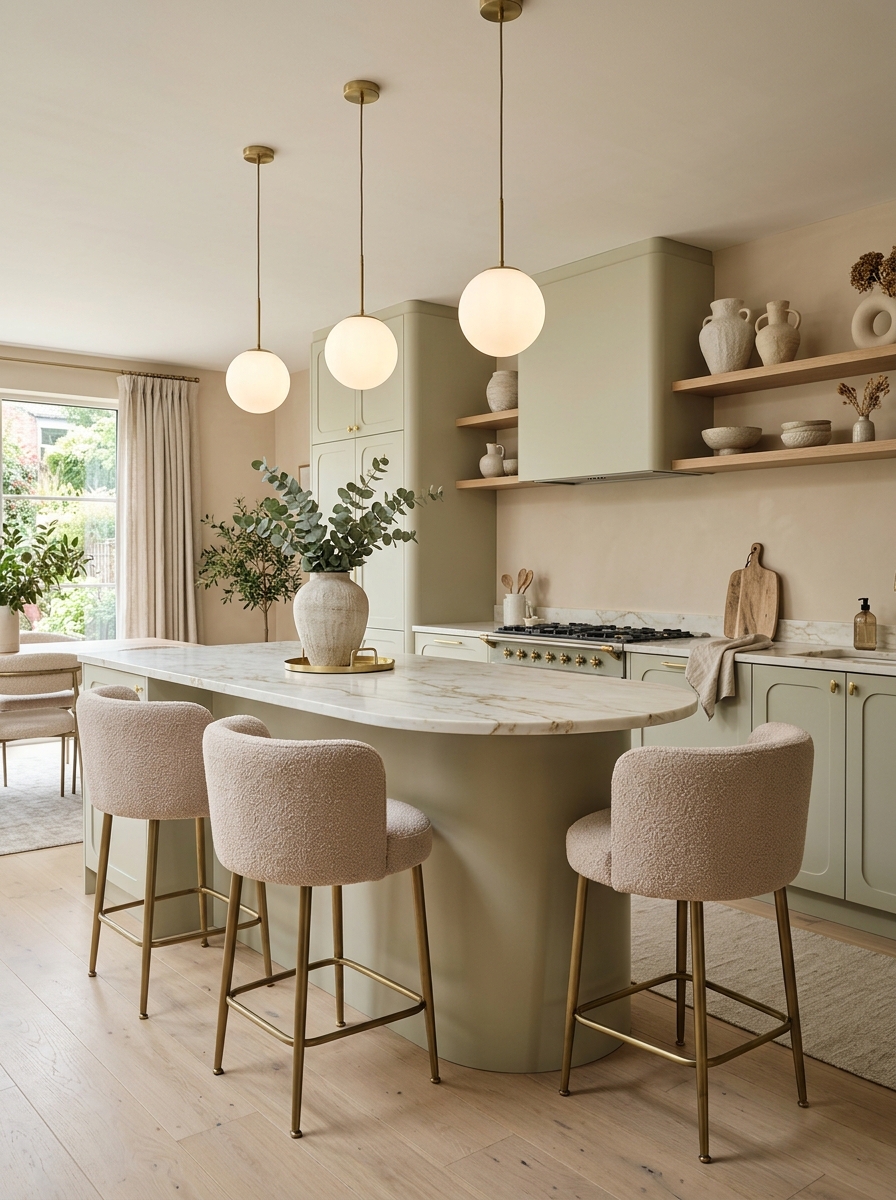 Feminine Sage Green Kitchen With Soft Curves