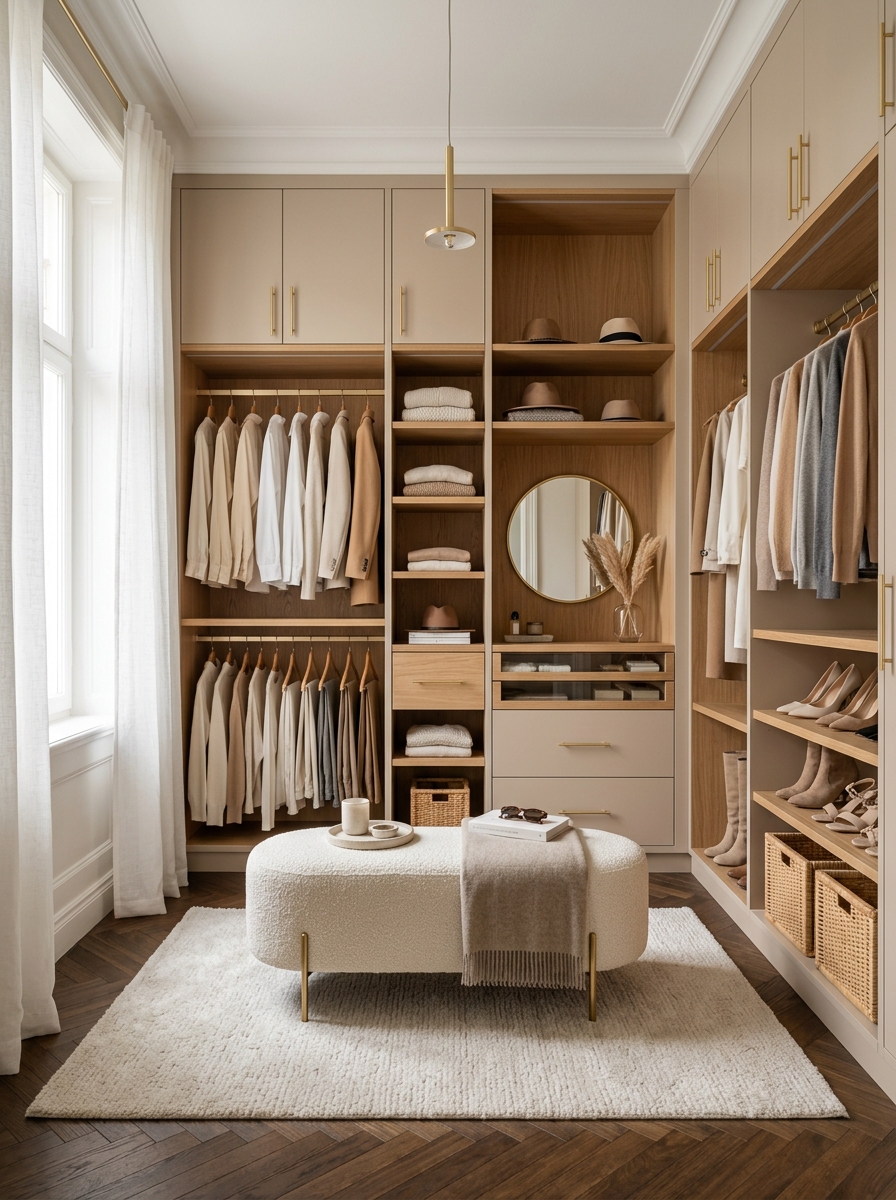 Soft Beige Closet with Warm Wood Accents