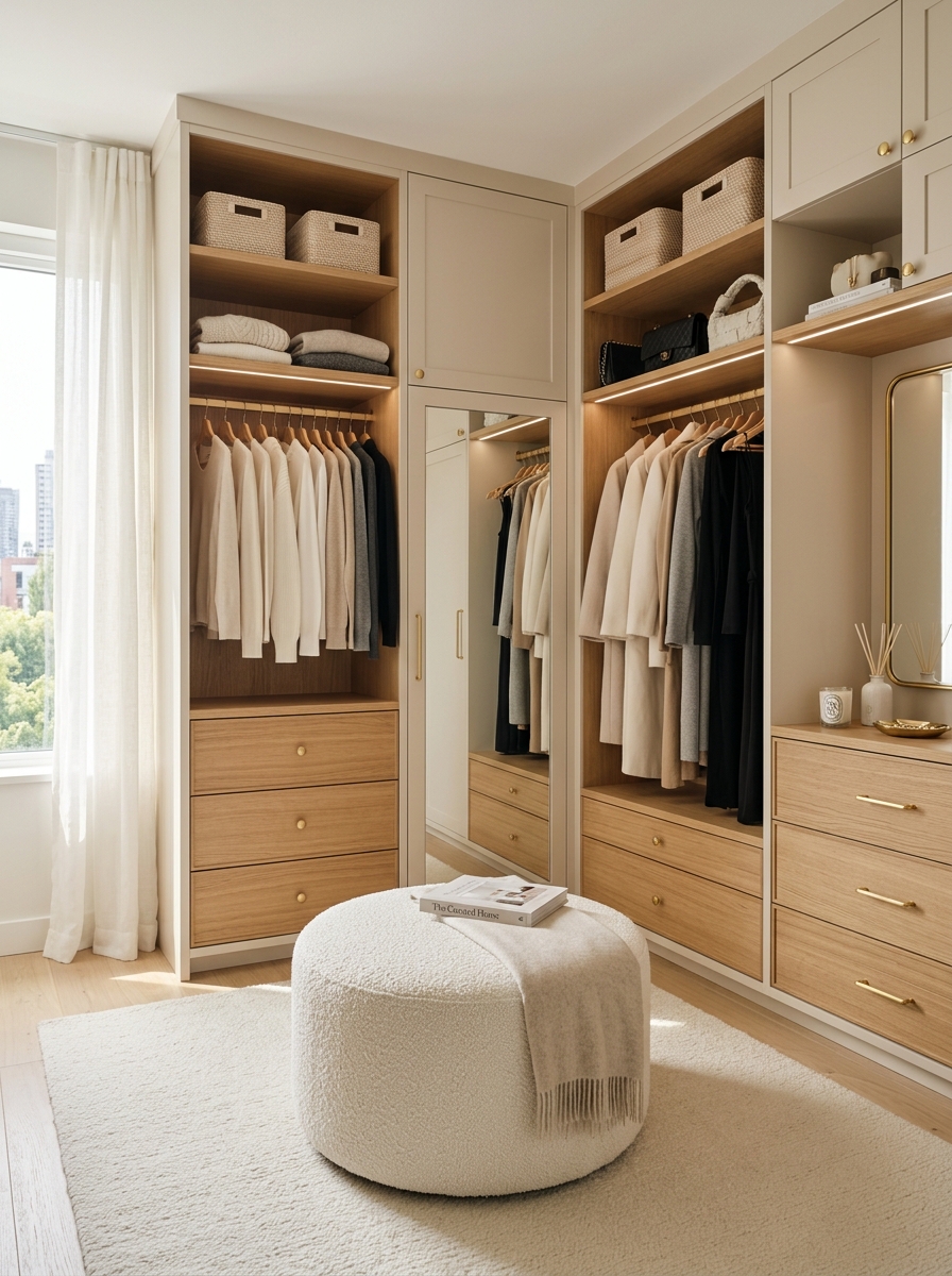 Soft Beige Closet with Warm Wood Accents