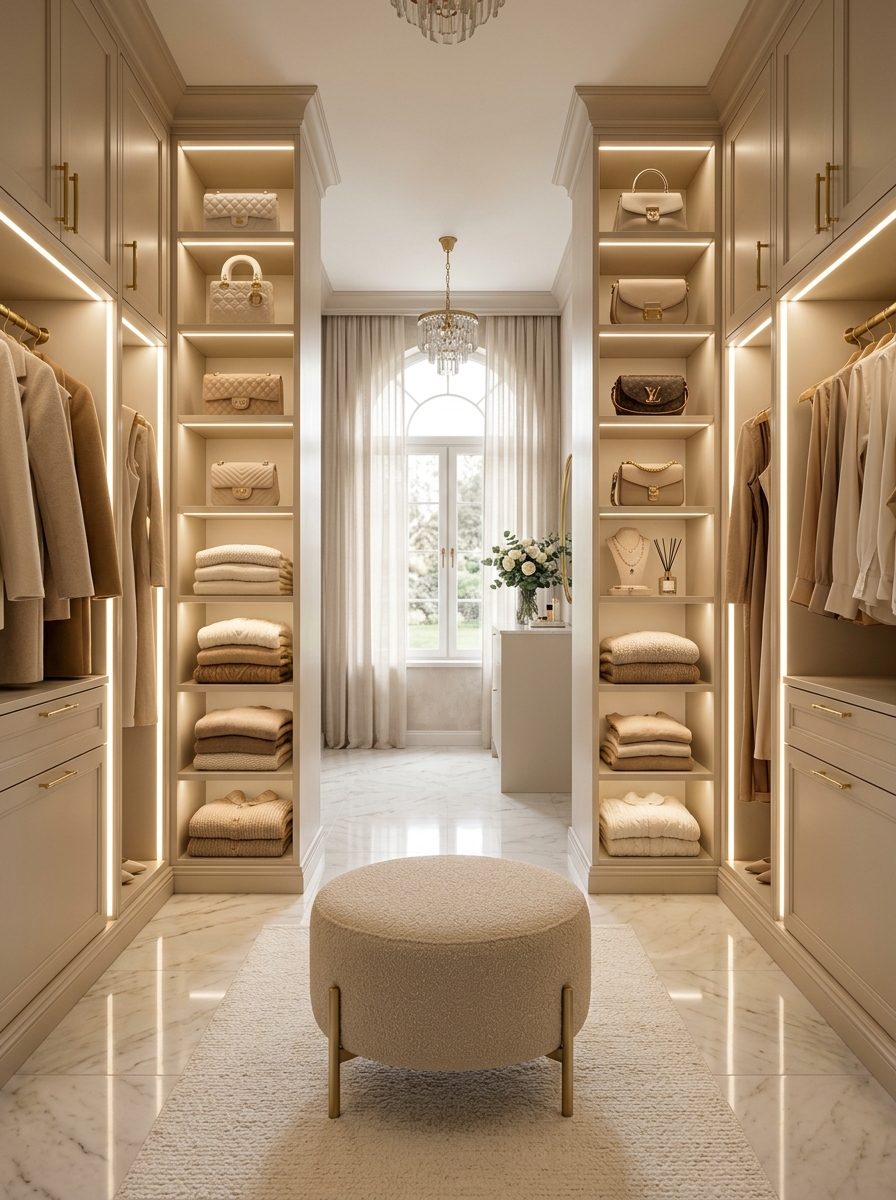 Symmetrical Beige Closet with Soft Ambient Lighting