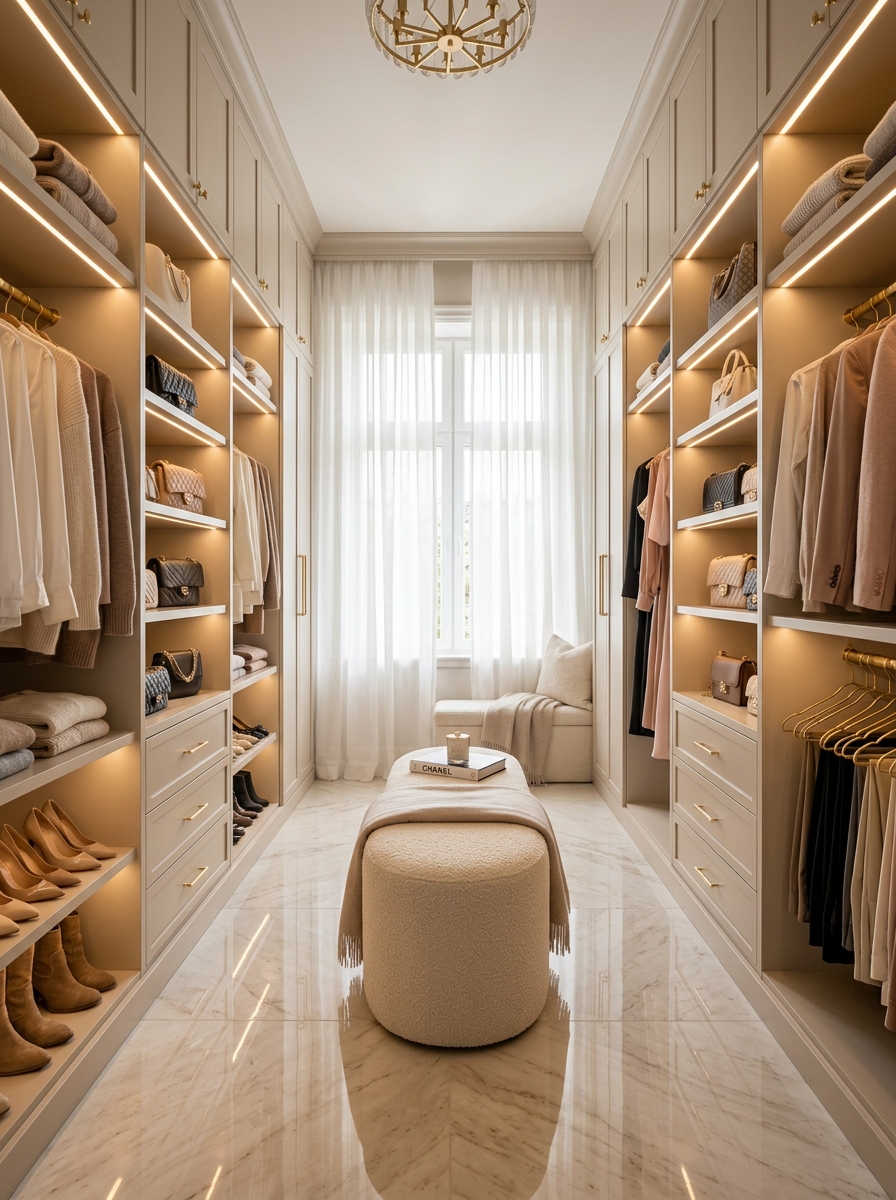Symmetrical Beige Closet with Soft Ambient Lighting