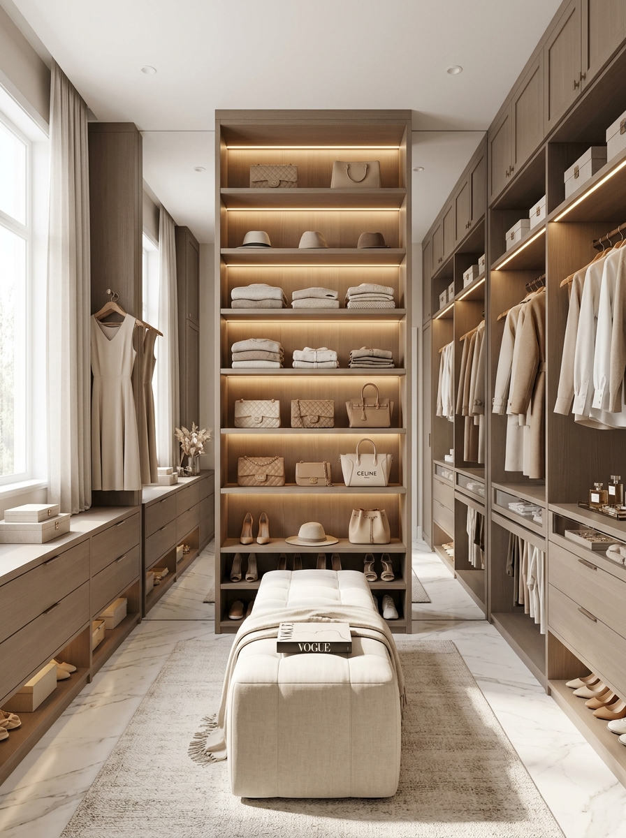 Feminine Neutral Closet with Floor-to-Ceiling Storage