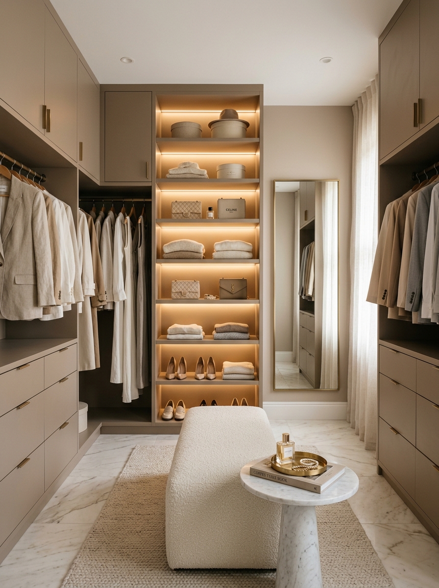 Feminine Neutral Closet with Floor-to-Ceiling Storage