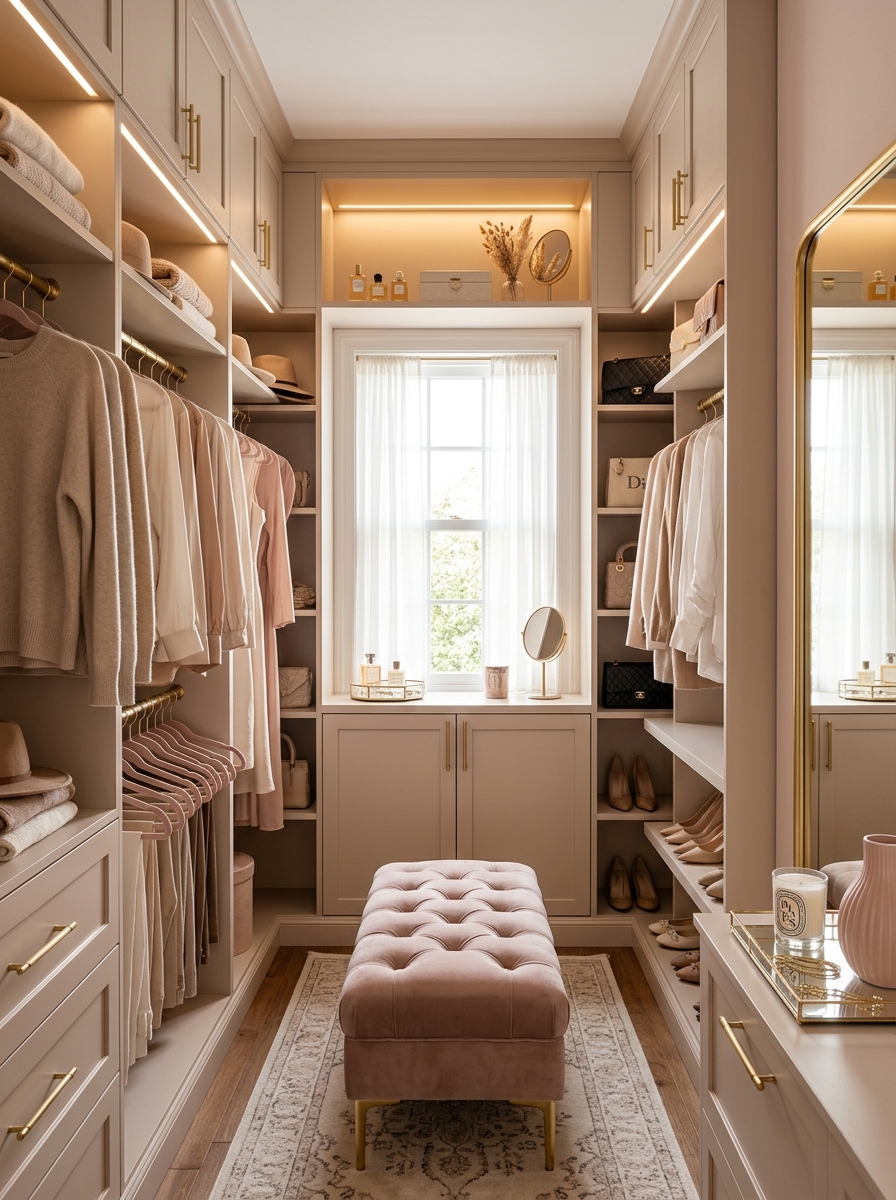 Feminine Blush and Beige Walk-In Closet