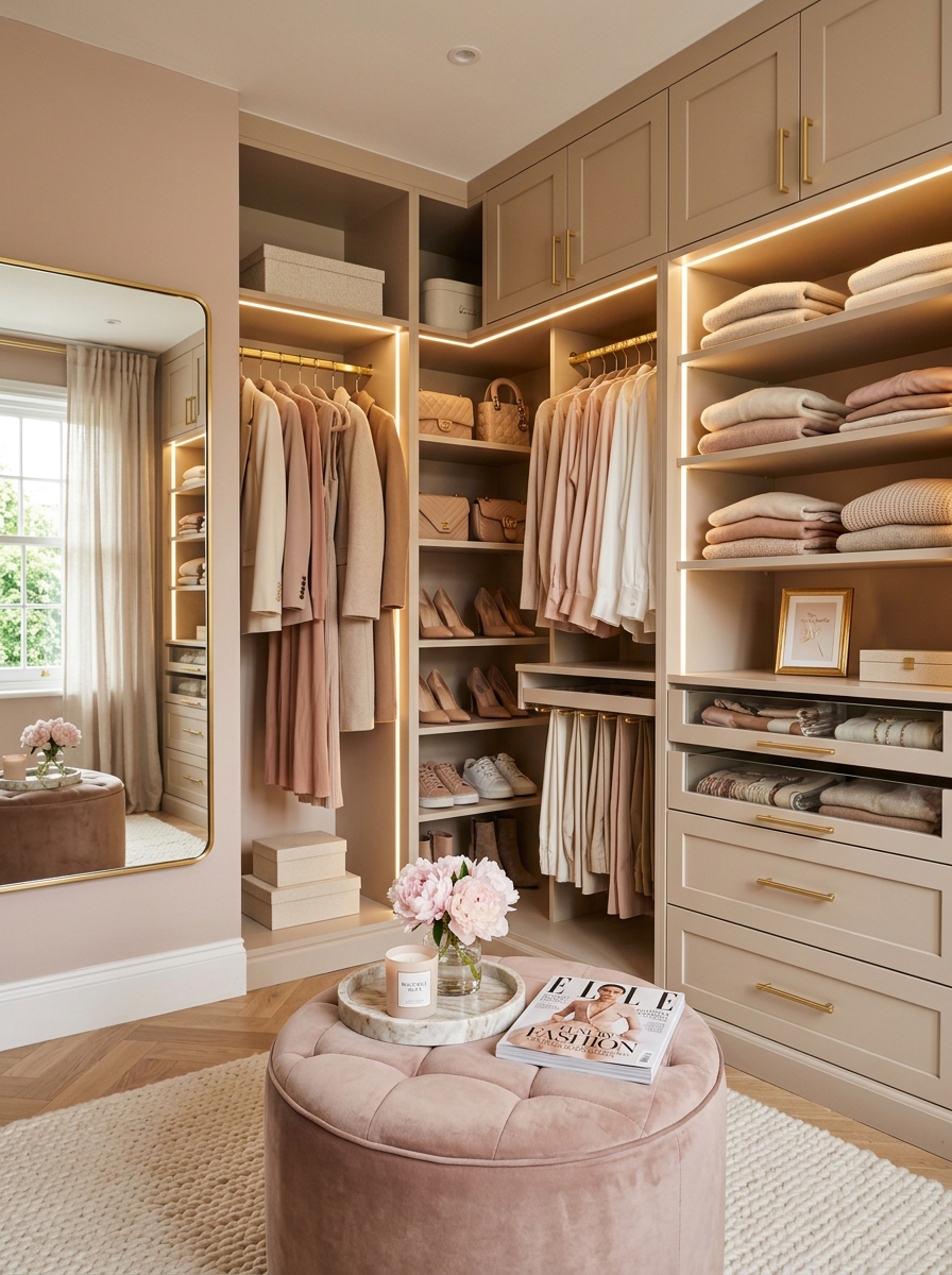 Feminine Blush and Beige Walk-In Closet