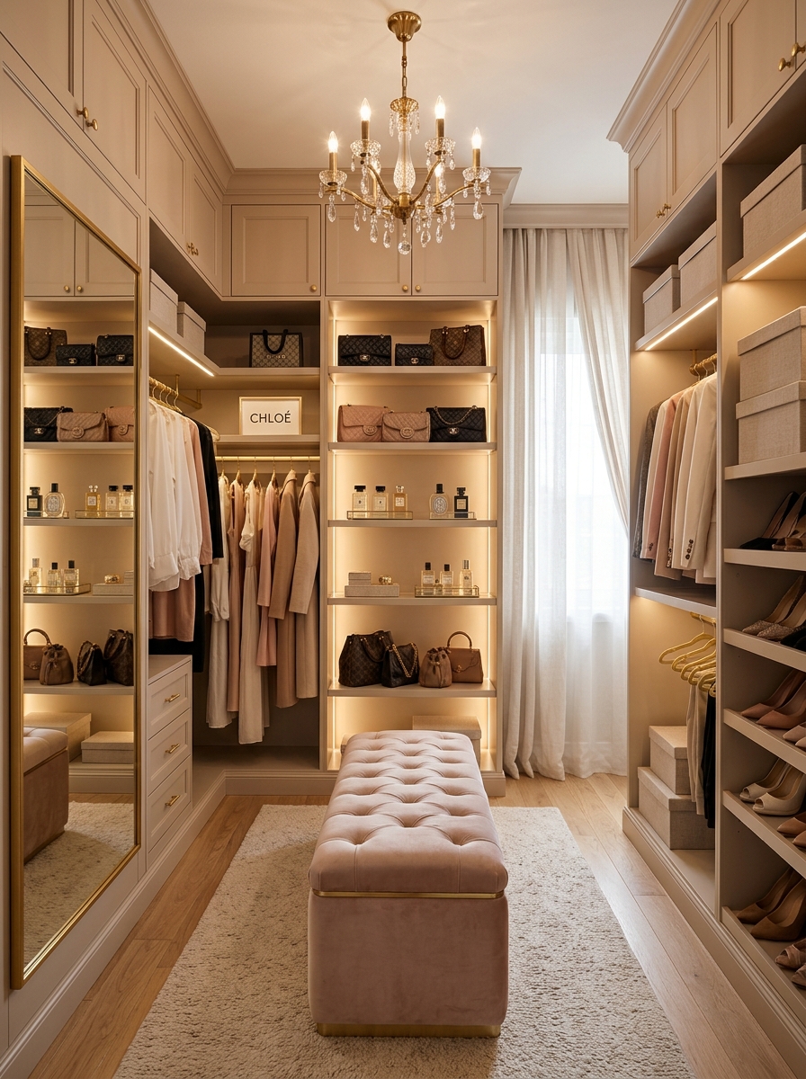 Feminine Walk-In Closet with Warm Beige and Gold Details