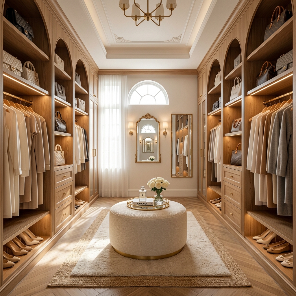 16 Dreamy Feminine Closet with Balanced Symmetry & Warm Tones