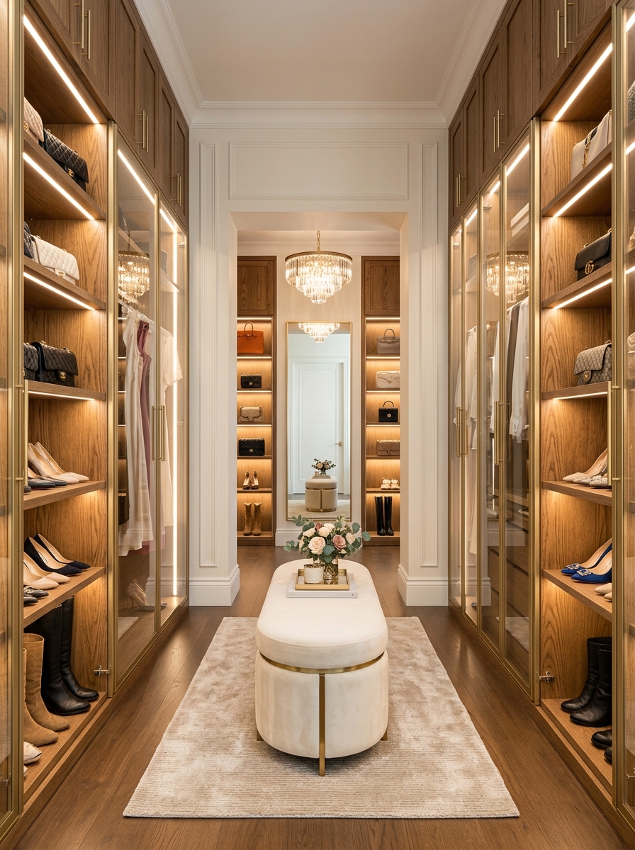 Feminine Closet with Glass Doors and Golden Accents