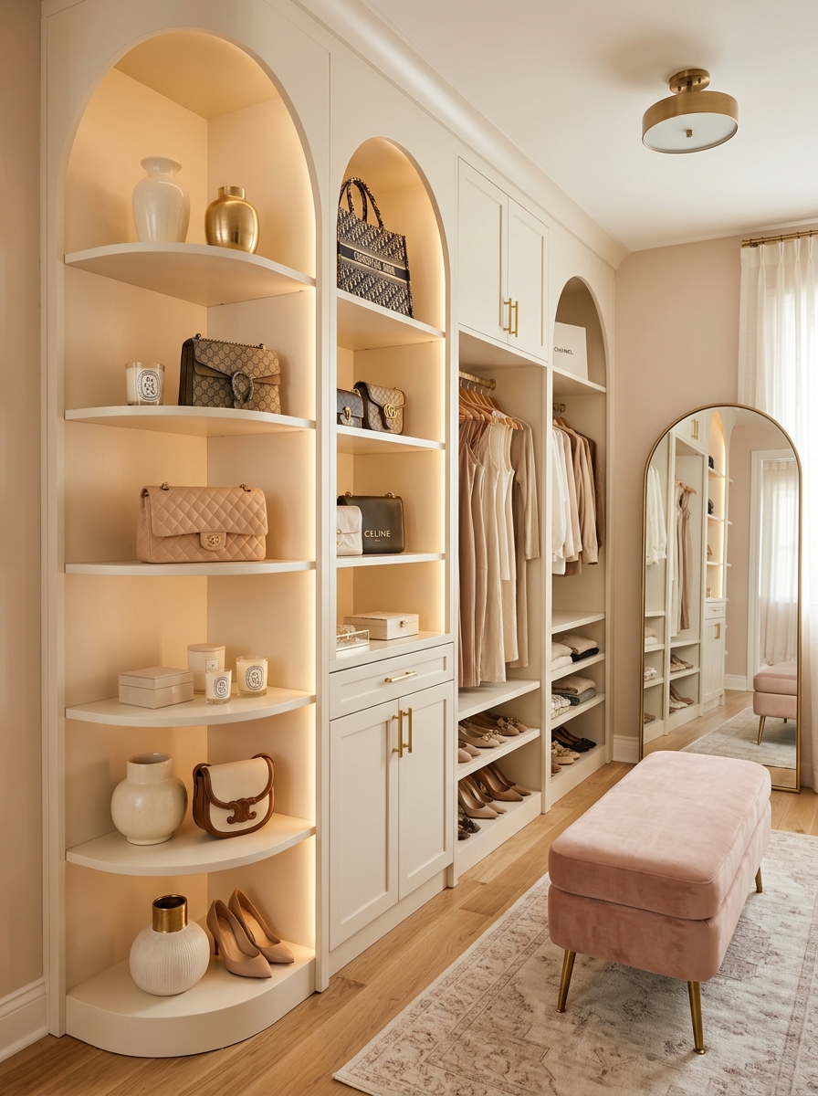 Feminine Closet With Arched Shelving and Elegant Gold Details