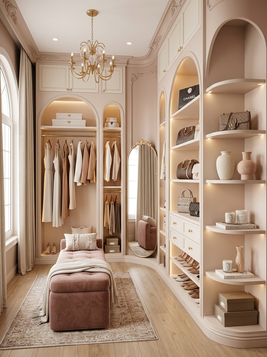 Feminine Closet With Arched Shelving and Elegant Gold Details