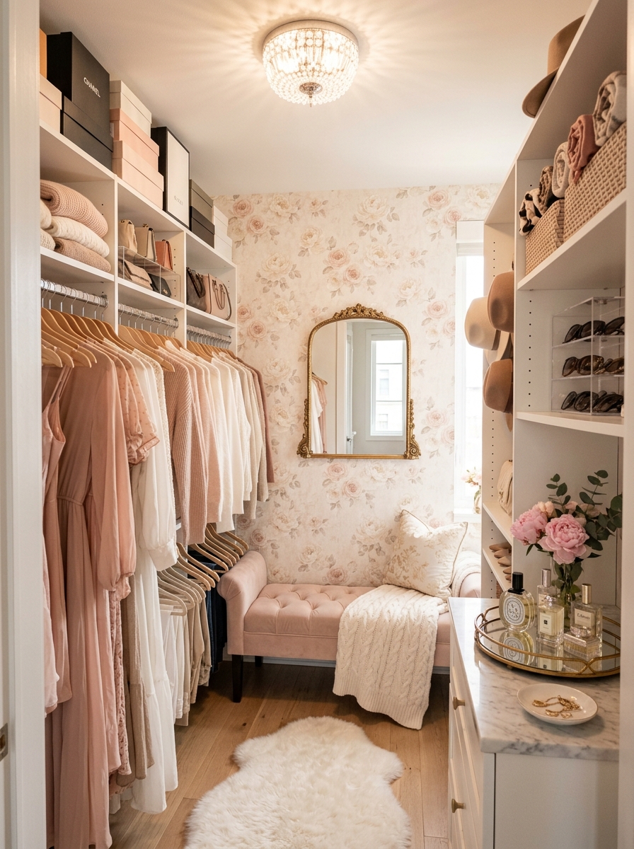 Feminine Closet with Floral and Soft Romantic Details