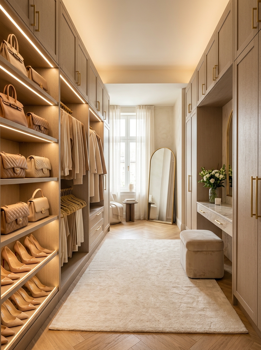 Floor-to-Ceiling Beige Wardrobes With Gold Hardware