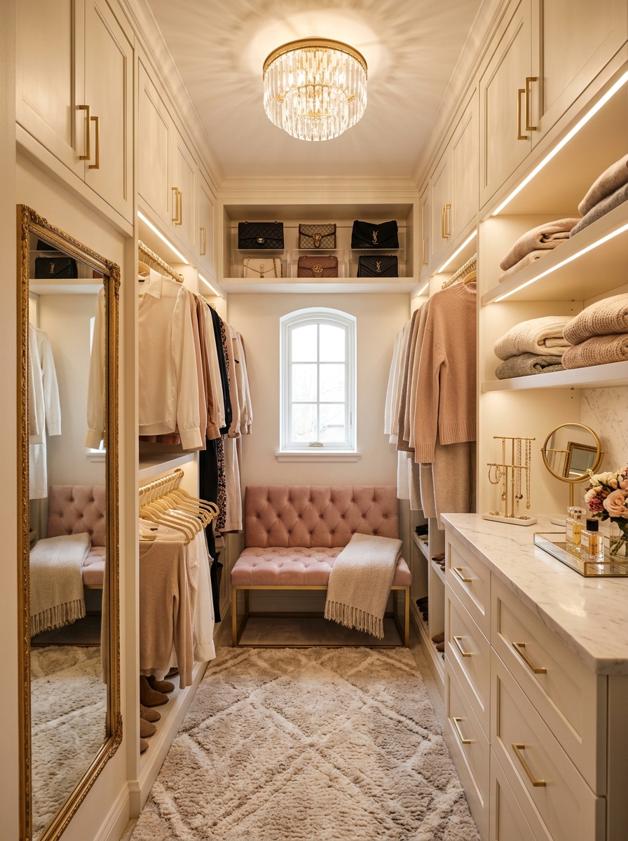 Feminine Walk-In Closet with Blush and Cream Tones